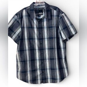 Prana Men's Navy and White Plaid Button Down Shirt. XL